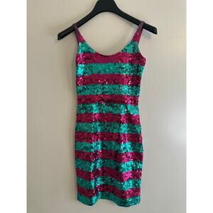 Vintage 80’s Nadine Teal & Hot Pink Beaded Sequin Mini Party Dress Size Small